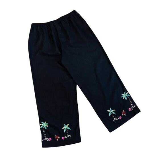 KIM ROGERS Womens M Black Linen Bld Cropped Pants Embroidered Palm Trees Pull On - Picture 4 of 5